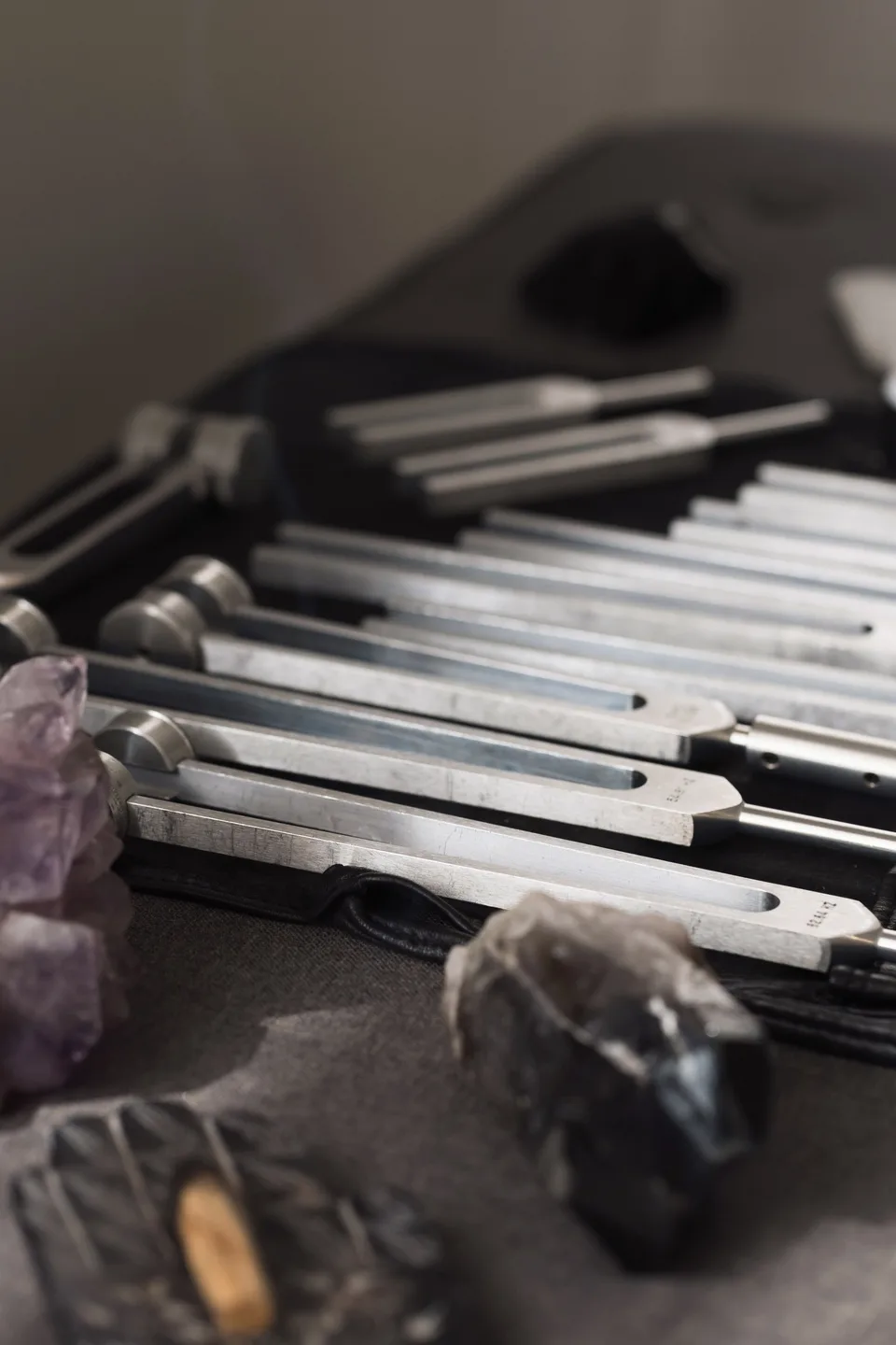 Close-up of polished tuning forks resting among dark crystals