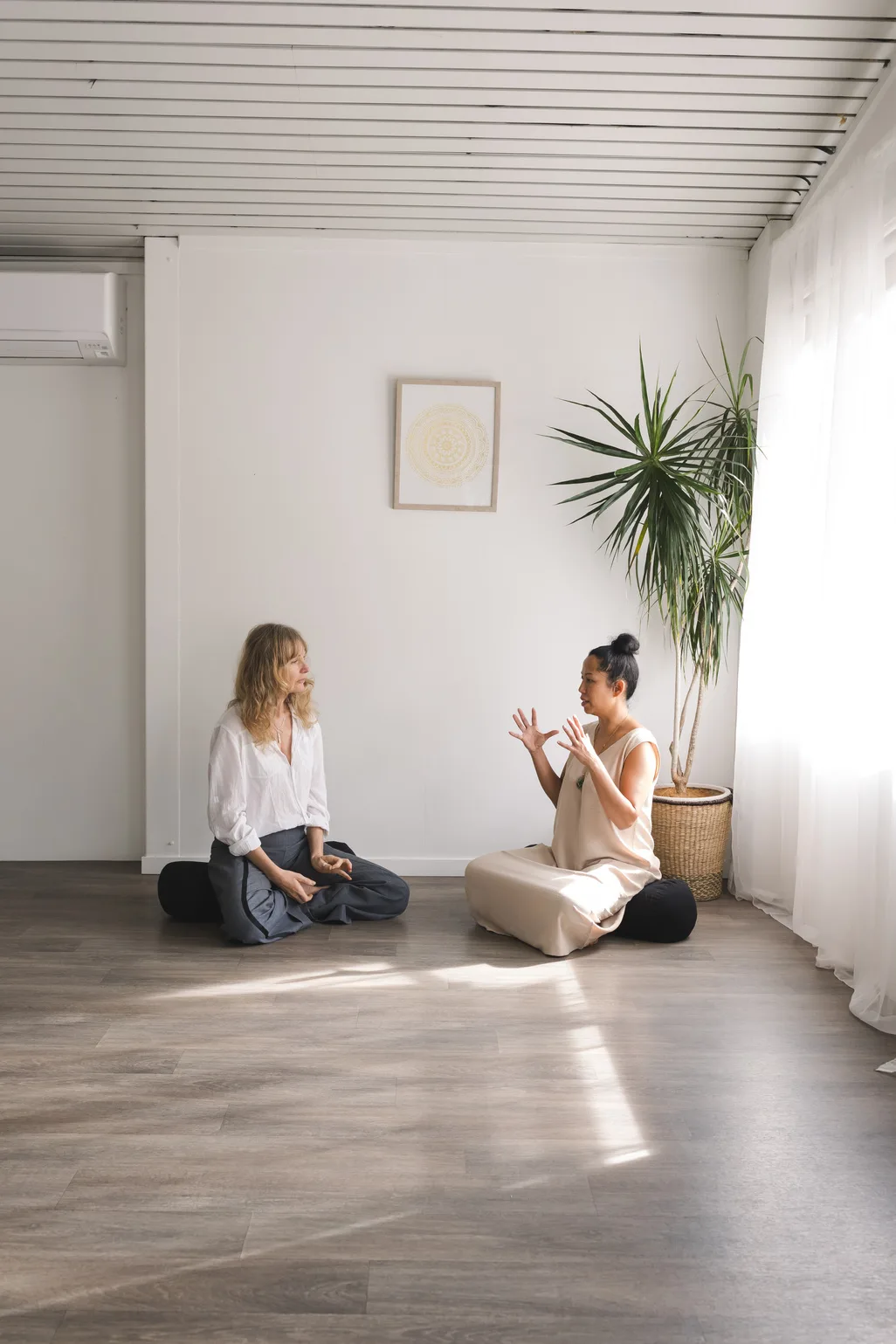 Vanessa Fernandez in conversation with a client before a biofield tuning session at her Mona Vale studio